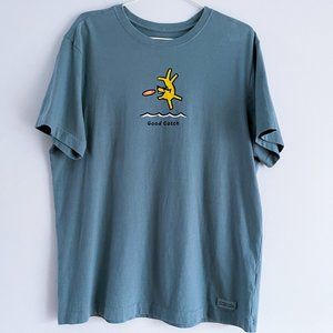 Life Is Good Crusher Soft Cotton Blue Tee Graphic T Shirt Good Catch Dog Fetch M
